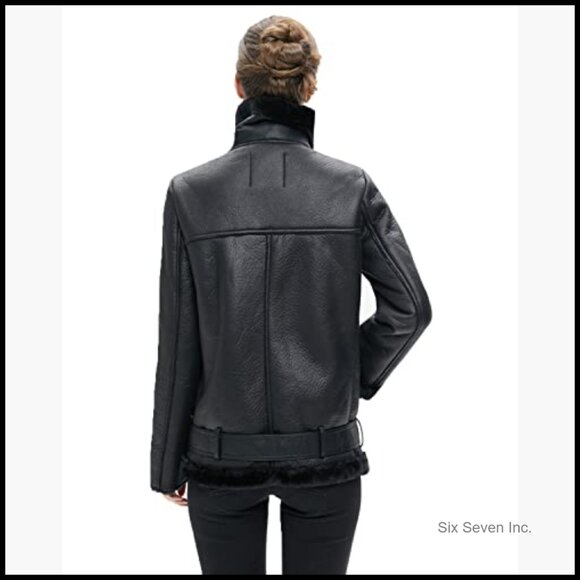 Faux Suede Faux Shearling Moto Jacket Winter Parka Coat - Picture 6 of 7